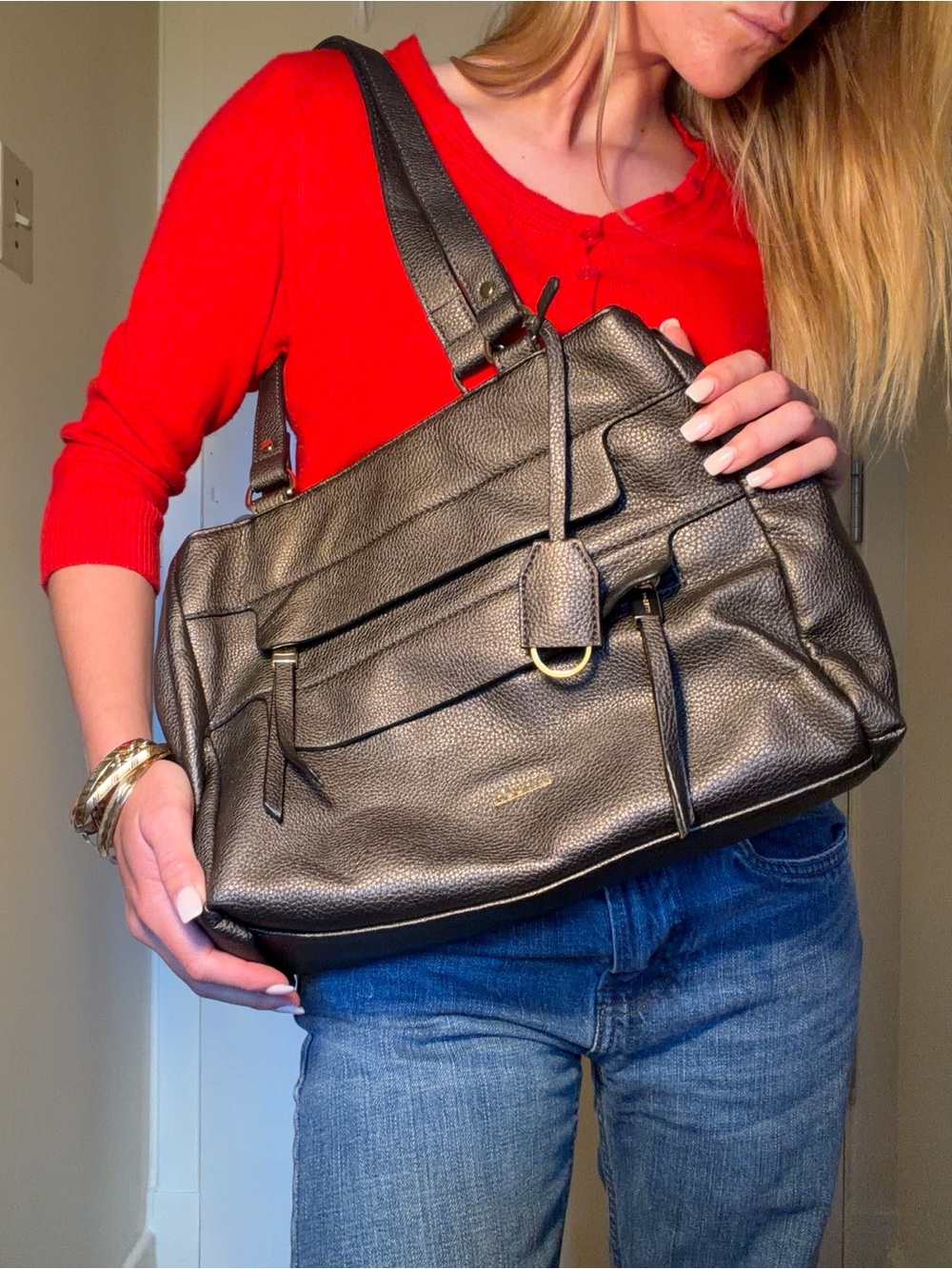 Rosetti Black Pebbled Leather-Look Shoulder Bag / Satchel with Gold Hardware
